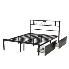 Artiss Queen Bed Frame with Charging Station, Storage Drawers, Headboard Shelf and 300kg Capacity Black Metal