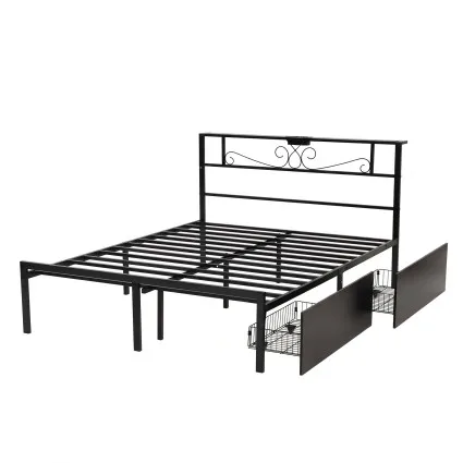Artiss Queen Bed Frame with Charging Station, Storage Drawers, Headboard Shelf and 300kg Capacity Black Metal
