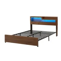 Artiss Double Bed Frame Metal with 300kg Capacity Charging Station RGB LED Light Storage Shelf Black & Oak