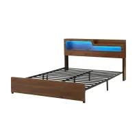 Artiss King Metal Bed Frame with Charging Station RGB LED Storage Shelf Black & Oak