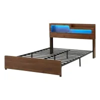 Artiss Queen Metal Bed Frame with Charging Station RGB LED Lighting and Storage Shelf in Black and Oak