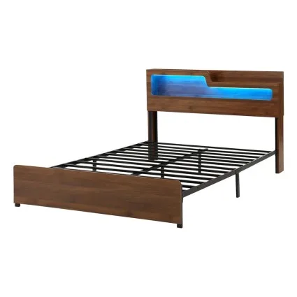 Artiss Queen Metal Bed Frame with Charging Station RGB LED Lighting and Storage Shelf in Black and Oak