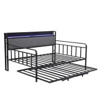 Artiss Double Metal Trundle Daybed TURN with LED Lights Padded Headboard and Integrated Charging Station