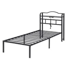 Artiss WAVE Single Metal Bed Frame with Integrated Charging Station USB Type C and AC Outlets Black 190x90cm