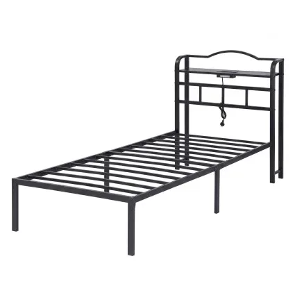Artiss WAVE Single Metal Bed Frame with Integrated Charging Station USB Type C and AC Outlets Black 190x90cm