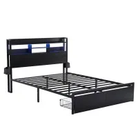 Artiss ZAC King Bed Frame with Charging Station LED Lights Two Rolling Drawers Industrial Design MDF Headboard