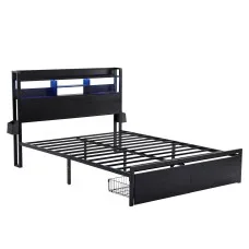 Artiss ZAC King Bed Frame with Charging Station LED Lights Two Rolling Drawers Industrial Design MDF Headboard