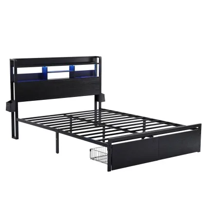 Artiss ZAC King Bed Frame with Charging Station LED Lights Two Rolling Drawers Industrial Design MDF Headboard