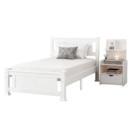 Artiss King Single Bed Frame & Bedside Table Set - White Pine Wood, Durable Timber Slats, Eco-Friendly, Stylish Storage