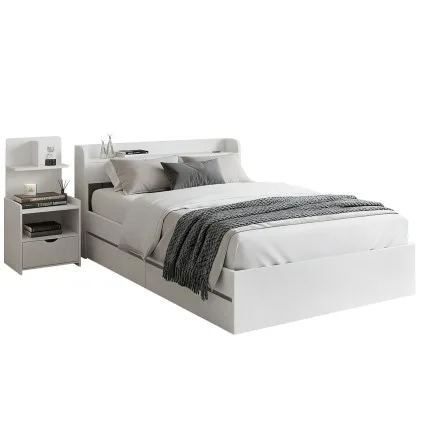 Artiss Aura Single Bed Frame with USB Charging Ports & 2 Drawers, White Particleboard, Includes Bedside Table with Shelf