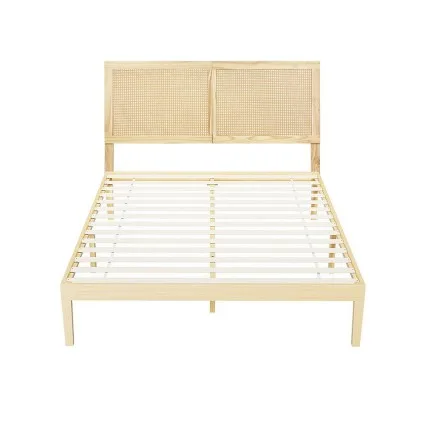 Artiss BRUNO Queen Bed Frame with Rattan Headboard, Solid Pinewood Base, Easy Assembly, Fits Australian Mattresses