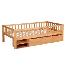 Artiss Montessori Single Bed Frame with 3 Storage Drawers, Shelf and Safety Fence for Toddlers Natural