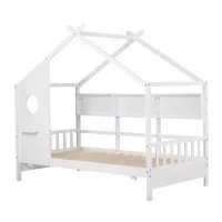 Artiss Kids Single House Bed Frame with Storage and 14-Slat Montessori Design White