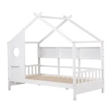 Artiss Kids Single House Bed Frame with Storage and 14-Slat Montessori Design White