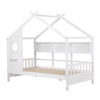 Artiss Kids Single House Bed Frame with Storage and 14-Slat Montessori Design White