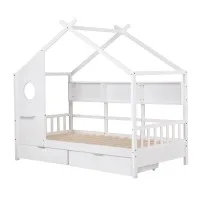 Artiss Kids Single House Bed Frame Solid Wood White, Montessori Design with 3 Bookcase Storage, 2 Drawers, Easy Assembly