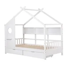 Artiss Kids Single House Bed Frame Solid Wood White, Montessori Design with 3 Bookcase Storage, 2 Drawers, Easy Assembly