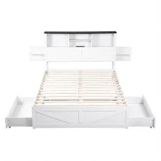 Artiss Double Bed Frame with Storage Drawers Bookcase Headboard Charging Station LED Lights 300kg White