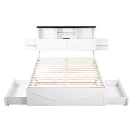 Artiss Double Bed Frame with Storage Drawers Bookcase Headboard Charging Station LED Lights 300kg White