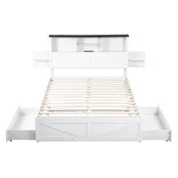 Artiss Queen Bed Frame with Storage Drawers LED Bookcase Headboard Charging Station White