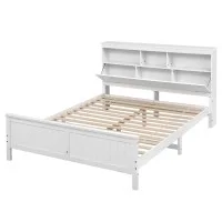 Artiss Conqueror Queen Bed Frame White Solid Pine Headboard Storage Hinged Shelf Plywood Slats Reinforced