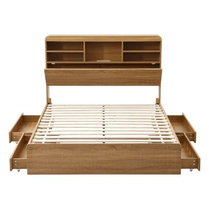 Artiss Double Bed Frame with Storage 4 Drawers USB Type-C Night Light Wooden Platform Natural