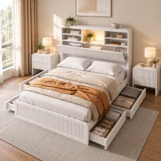 Artiss King Single Bed Frame Set with Bedside Tables USB Charging Beige