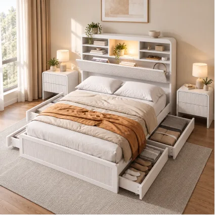 Artiss King Single Bed Frame Set with Bedside Tables USB Charging Beige