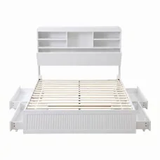 Artiss King Single Bed Frame with Four Drawers, USB, Type-C, Night Light and Bookcase Headboard White