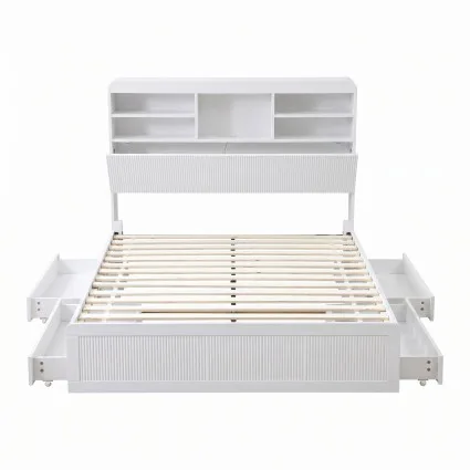 Artiss King Single Bed Frame with Four Drawers, USB, Type-C, Night Light and Bookcase Headboard White