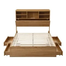 Artiss King Single Bed Frame with 4 Drawers, USB, Night Light, Bookcase Headboard, Roll-Out Slats Natural