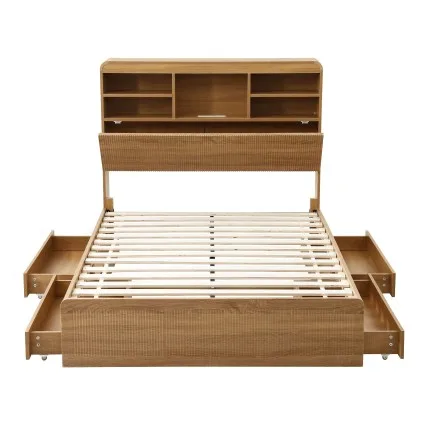 Artiss King Single Bed Frame with 4 Drawers, USB, Night Light, Bookcase Headboard, Roll-Out Slats Natural