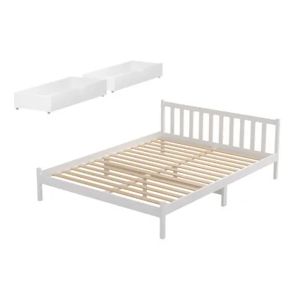 Artiss Sofie Queen Bed Frame Solid Pine Wooden Platform with 2 Trundle Drawers White Plywood Slats Headboard