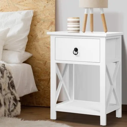 Artiss EMMA White Bedside Tables - 2 Pack, Solid Paulownia Wood, 1 Drawer & Shelf, No Assembly, 40x30x53.5cm