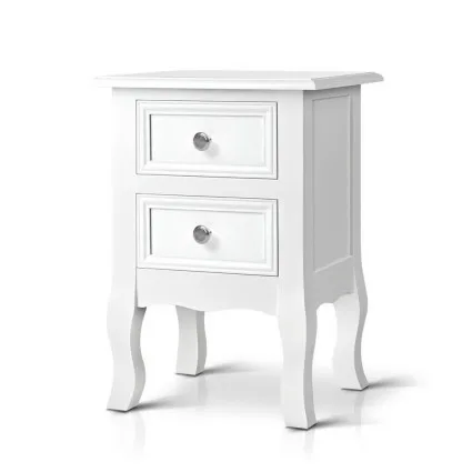 Artiss BISSET French Provincial Bedside Table 2 Drawers White Paulownia MDF Cabriole Legs Vintage Knobs