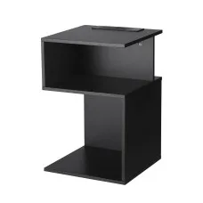 Artiss S-Shaped Bedside Table Black with 2 Shelves Integrated Charging Station USB Type‑C 33x33x50cm
