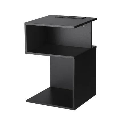 Artiss S-Shaped Bedside Table Black with 2 Shelves Integrated Charging Station USB Type‑C 33x33x50cm
