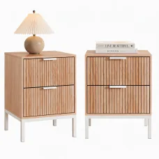 Artiss Lura Bedside Tables 2 Pack, 2 Drawers, 30kg Tabletop Capacity, Metal Legs, Fluted Front, Pine White