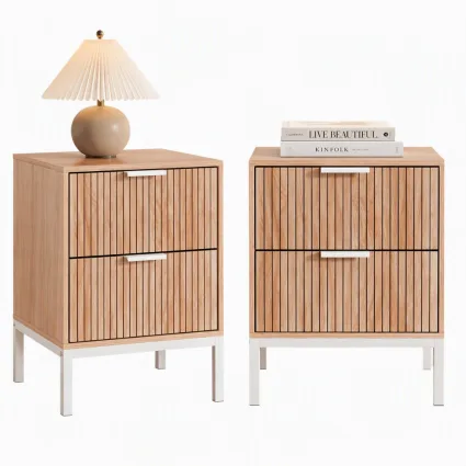 Artiss Lura Bedside Tables 2 Pack, 2 Drawers, 30kg Tabletop Capacity, Metal Legs, Fluted Front, Pine White