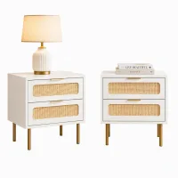 Artiss 2 Pack Rattan Bedside Tables with 2 Drawers, Metal Handles and Legs, Easy Assembly, White and Pine