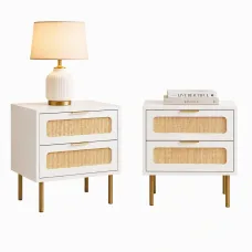 Artiss 2 Pack Rattan Bedside Tables with 2 Drawers, Metal Handles and Legs, Easy Assembly, White and Pine