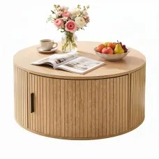 Artiss 80cm Round Coffee Table with Hidden Storage, Fluted Wood Finish, 50kg Capacity for Living Rooms