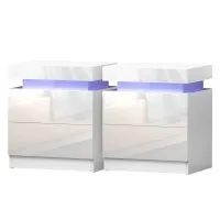 Artiss COLEY White LED Bedside Table Set of 2 - 16-Colour Lights, 2 Drawers, Lift-up Storage, Particle Board & MDF, 45x