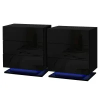 Artiss 2x LED Bedside Table with 3 Drawers, Customised 16 Colour Lights, High Gloss Black Finish, 53x35x60cm