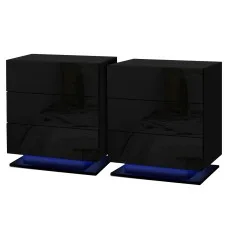 Artiss 2x LED Bedside Table with 3 Drawers, Customised 16 Colour Lights, High Gloss Black Finish, 53x35x60cm