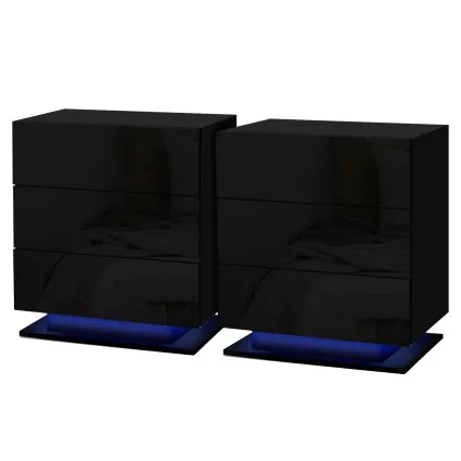 Artiss 2x LED Bedside Table with 3 Drawers, Customised 16 Colour Lights, High Gloss Black Finish, 53x35x60cm