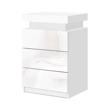 Artiss COLEY White LED Bedside Table with 3 Drawers - Customisable 16-Colour Lighting & Modern Gloss Finish