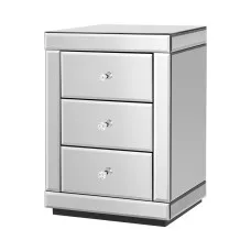 Artiss PRESIA Silver Mirrored Bedside Table, 3 Drawers, E1 MDF, Crystal Knobs, 40x40x58cm, Glamorous and Spacious Design