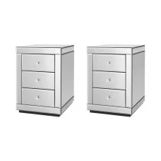 Artiss Presia Set of 2 Bedside Tables, 3 Drawers, Mirrored Glass, Silver, 40x40x58cm, Elegant Storage with Crystal Knobs