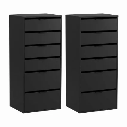 Artiss 2-Piece Chest of Drawers Set with 6 Storage Drawers Handle-Free Design Smooth Sliding Runners Black